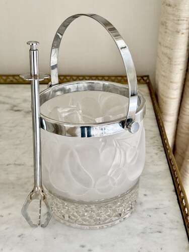 French frosted glass ice bucket & grabber tongs 1950s