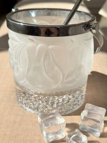 French frosted glass ice bucket & grabber tongs 1950s