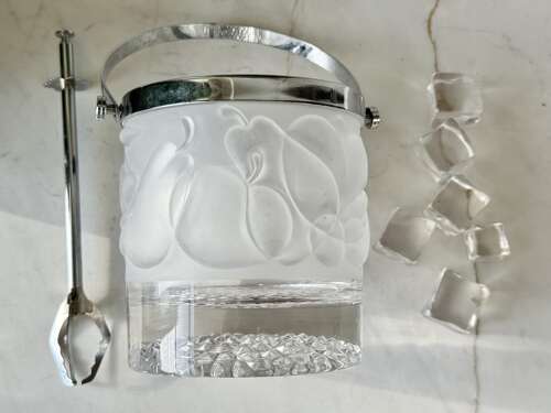 French frosted glass ice bucket & grabber tongs 1950s