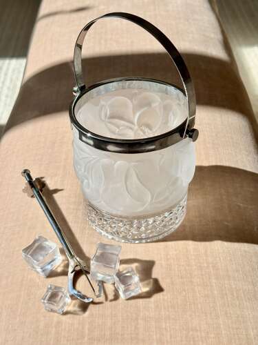 French frosted glass ice bucket & grabber tongs 1950s