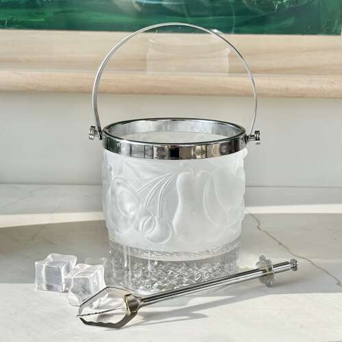 French frosted glass ice bucket & grabber tongs 1950s