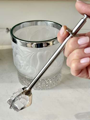 French frosted glass ice bucket & grabber tongs 1950s