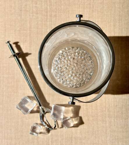 French frosted glass ice bucket & grabber tongs 1950s