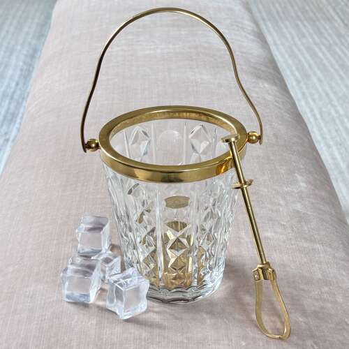 Val Saint Lambert Crystal & Gold Plated Ice Bucket & Ice Grab Tongs