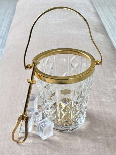 Val Saint Lambert Crystal & Gold Plated Ice Bucket & Ice Grab Tongs
