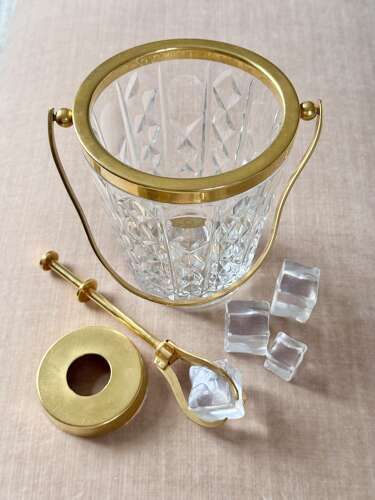 Val Saint Lambert Crystal & Gold Plated Ice Bucket & Ice Grab Tongs