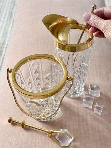 Val Saint Lambert Crystal & Gold Plated Ice Bucket & Ice Grab Tongs