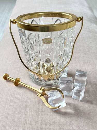 Val Saint Lambert Crystal & Gold Plated Ice Bucket & Ice Grab Tongs