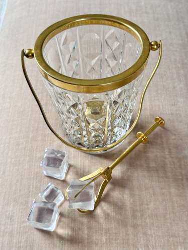 Val Saint Lambert Crystal & Gold Plated Ice Bucket & Ice Grab Tongs