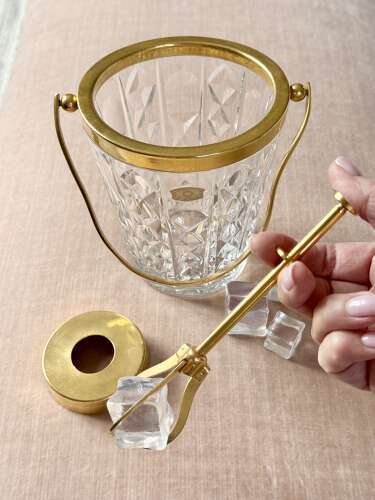 Val Saint Lambert Crystal & Gold Plated Ice Bucket & Ice Grab Tongs