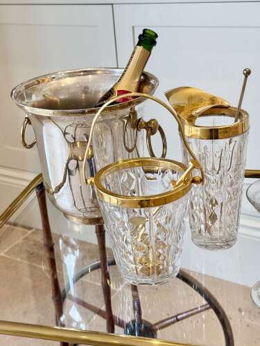 Val Saint Lambert Crystal & Gold Plated Ice Bucket & Ice Grab Tongs