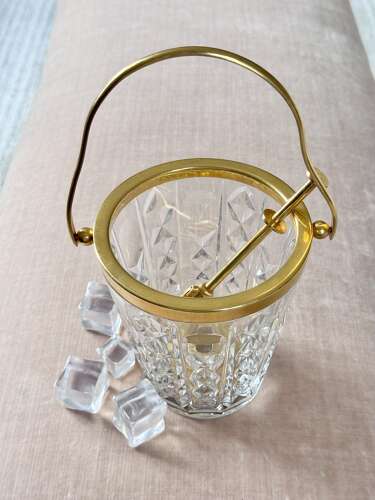 Val Saint Lambert Crystal & Gold Plated Ice Bucket & Ice Grab Tongs