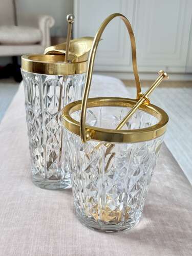 Val Saint Lambert Crystal & Gold Plated Ice Bucket & Ice Grab Tongs