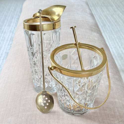 Val Saint Lambert Crystal & Gold Plated Ice Bucket & Ice Grab Tongs