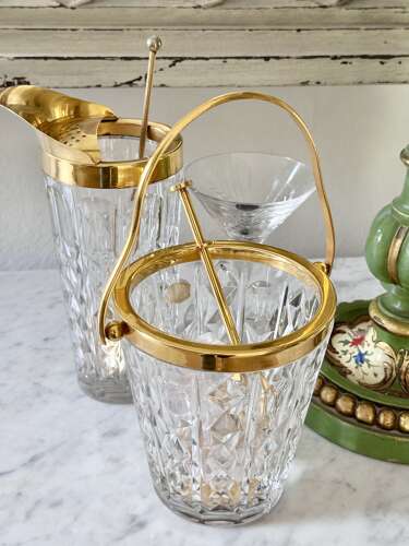 Val Saint Lambert Crystal & Gold Plated Ice Bucket & Ice Grab Tongs