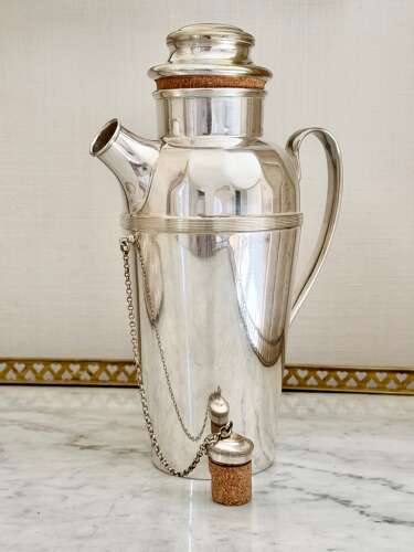 Art Deco 2 Pint silver plated Side Handle cocktail Shaker with cork stoppers