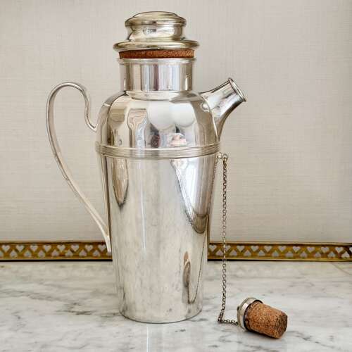 Art Deco 2 Pint silver plated Side Handle cocktail Shaker with cork stoppers
