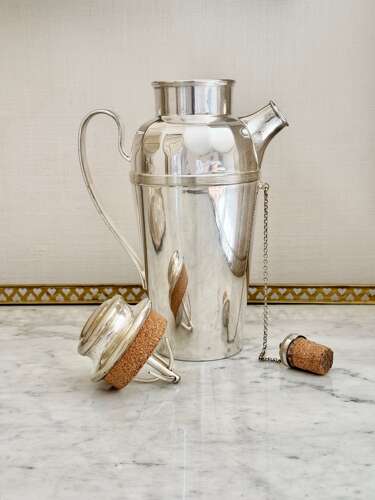 Art Deco 2 Pint silver plated Side Handle cocktail Shaker with cork stoppers