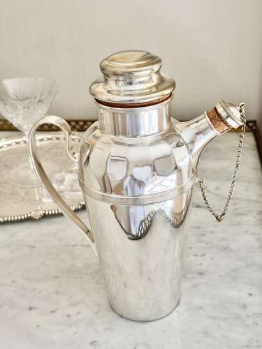 Art Deco 2 Pint silver plated Side Handle cocktail Shaker with cork stoppers