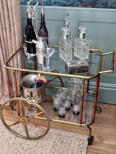 Set Art Deco etched lemonade cocktail jug & tumblers with black bases