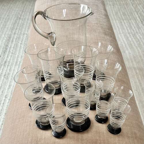 Set Art Deco etched lemonade cocktail jug & tumblers with black bases