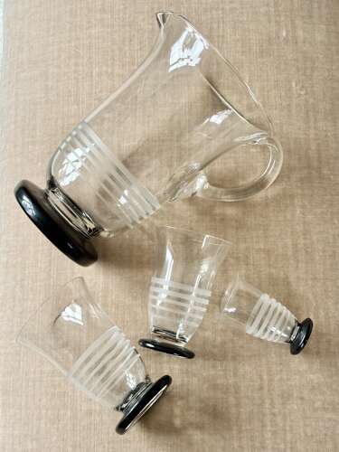 Set Art Deco etched lemonade cocktail jug & tumblers with black bases