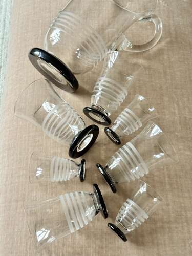 Set Art Deco etched lemonade cocktail jug & tumblers with black bases