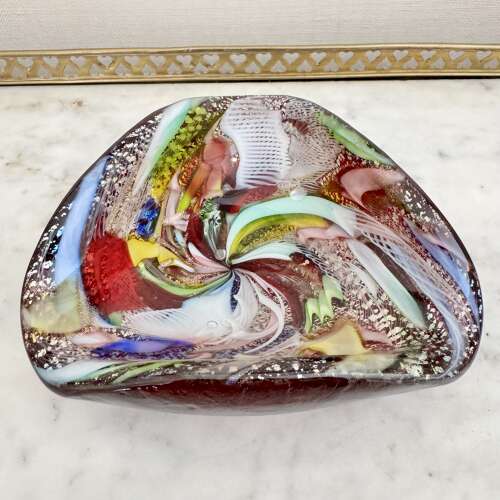 Murano Tutti Frutti Byzantine red cased triangular glass bowl
