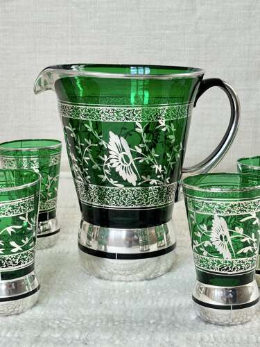 Green Venetian silver overlay cocktail jug & 6 tumblers C1950s