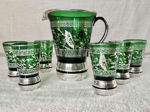Green Venetian silver overlay cocktail jug & 6 tumblers C1950s
