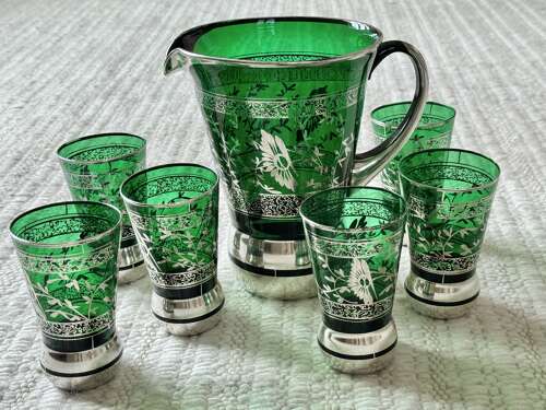 Green Venetian silver overlay cocktail jug & 6 tumblers C1950s