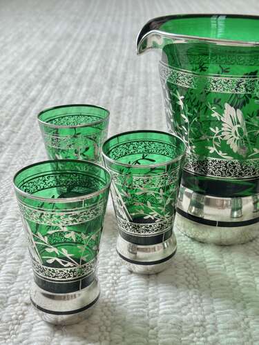 Green Venetian silver overlay cocktail jug & 6 tumblers C1950s