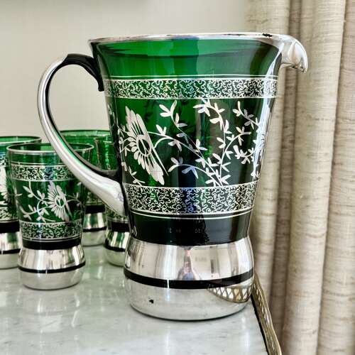 Green Venetian silver overlay cocktail jug & 6 tumblers C1950s