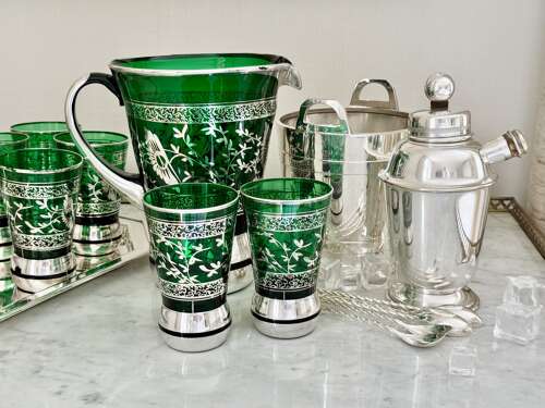 Green Venetian silver overlay cocktail jug & 6 tumblers C1950s