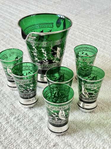 Green Venetian silver overlay cocktail jug & 6 tumblers C1950s