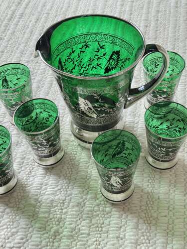 Green Venetian silver overlay cocktail jug & 6 tumblers C1950s