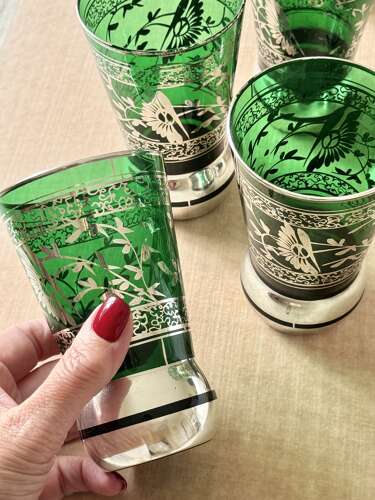 Green Venetian silver overlay cocktail jug & 6 tumblers C1950s