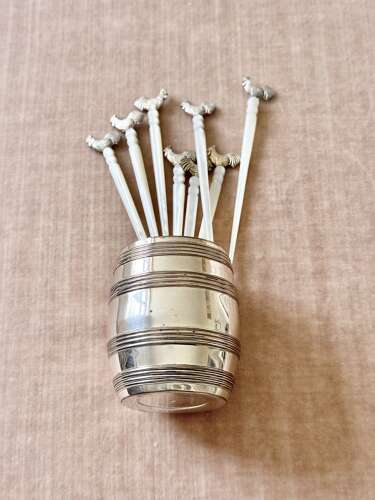 Antique carved mother of pearl & silver cockerel cocktail sticks & barrel stand