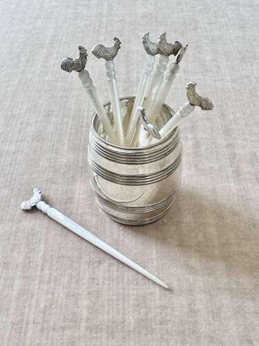 Antique carved mother of pearl & silver cockerel cocktail sticks & barrel stand