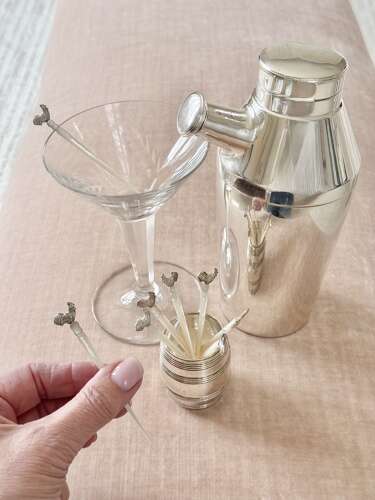 Antique carved mother of pearl & silver cockerel cocktail sticks & barrel stand