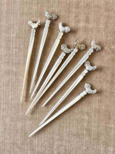Antique carved mother of pearl & silver cockerel cocktail sticks & barrel stand