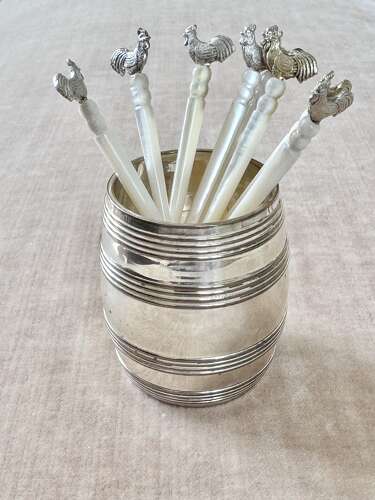 Antique carved mother of pearl & silver cockerel cocktail sticks & barrel stand