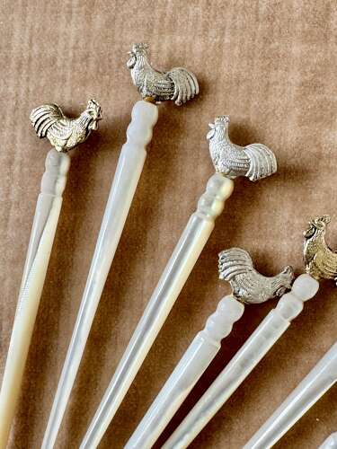 Antique carved mother of pearl & silver cockerel cocktail sticks & barrel stand