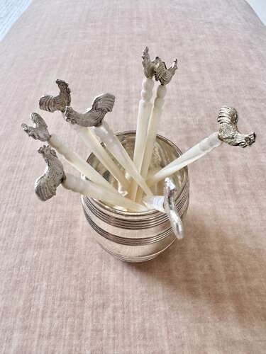 Antique carved mother of pearl & silver cockerel cocktail sticks & barrel stand