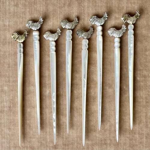 Antique carved mother of pearl & silver cockerel cocktail sticks & barrel stand