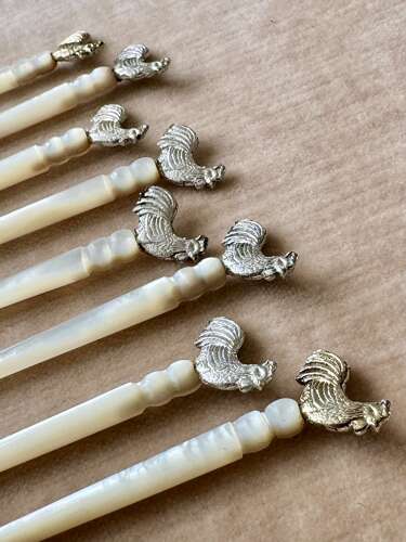 Antique carved mother of pearl & silver cockerel cocktail sticks & barrel stand