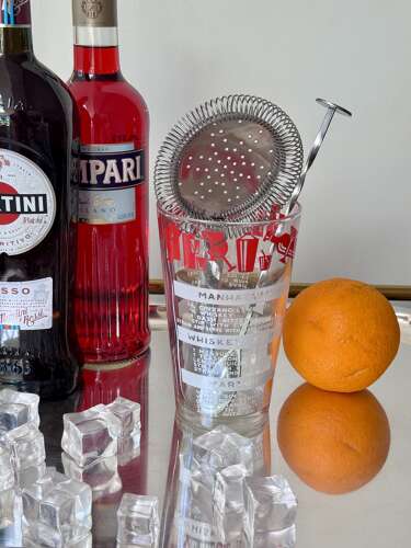 Cocktail recipe mixing jug with stirring spoon & bar strainer