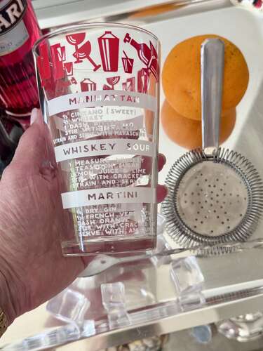 Cocktail recipe mixing jug with stirring spoon & bar strainer