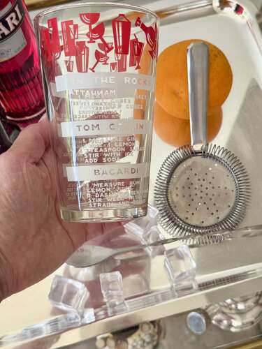 Cocktail recipe mixing jug with stirring spoon & bar strainer