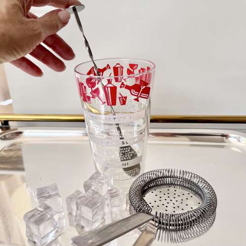 Cocktail recipe mixing jug with stirring spoon & bar strainer